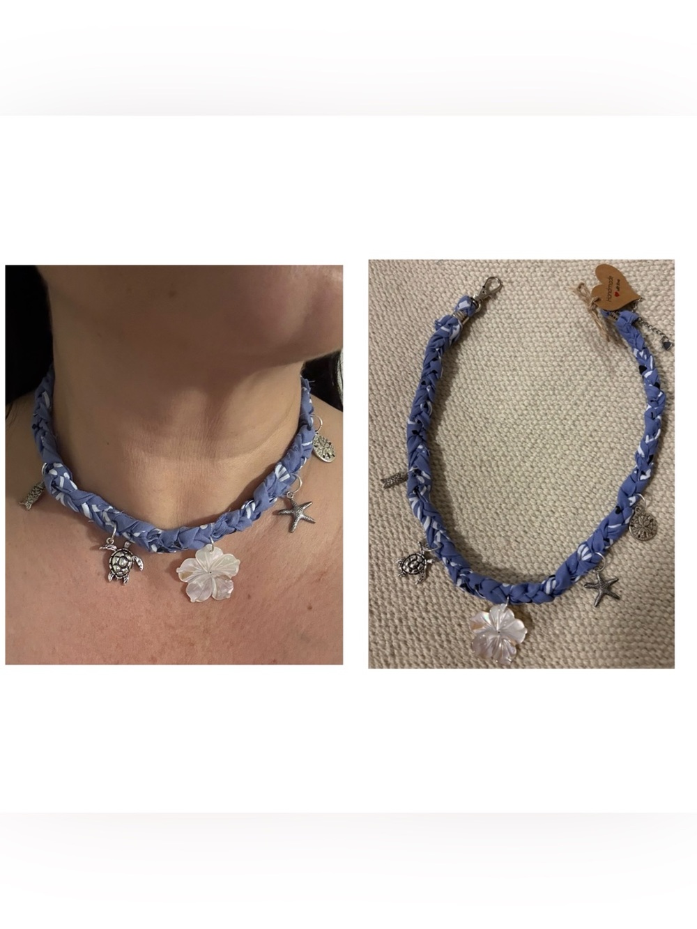 Serenity-Handmade Braided distressed ocean themed bandana  Charm Necklace